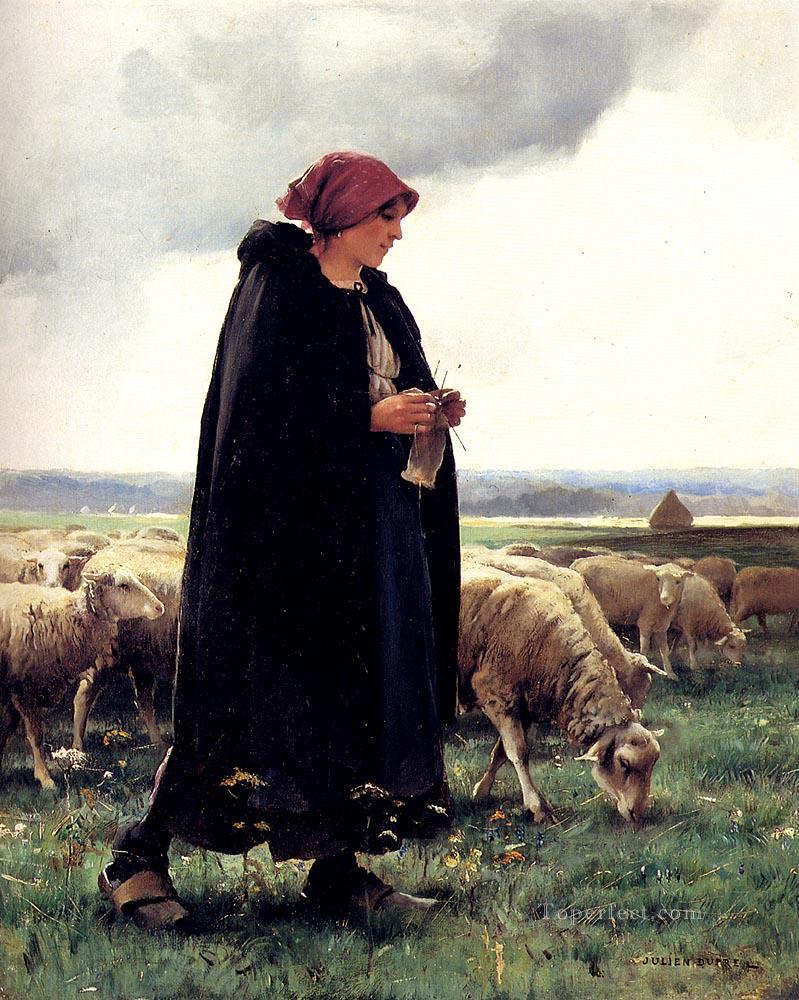 A Sheperdess With Her Flock farm life Realism Julien Dupre Oil Paintings